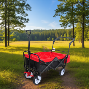 Carrello da Giardino Pieghevole Resistente Rosso a Quattro Ruote, Carrello Portatile Pieghevole per Campeggio con Portabevande - Product Image 2