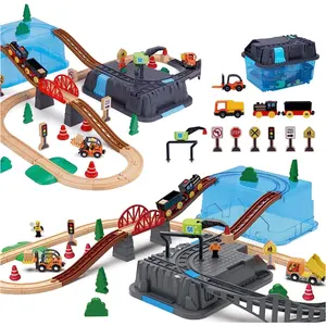 子供のための55PCS木製列車線路と列車、木製列車セットパックおもちゃ鉄道キット、プレミアム木製建設おもちゃ