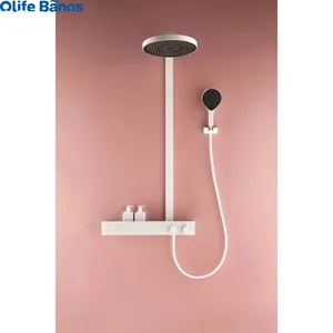 Olife Banos White Silver Wall Mounted Brass Bath System Taps Thermostatic Shower Mixer Faucets With Big Shelf