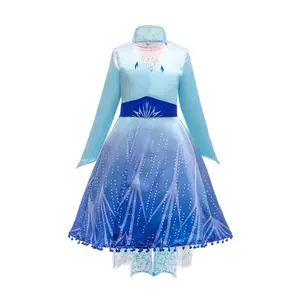 Dsn08 Luxe Vintage Lange Cosplay Elsa Frozen 2 Jurk Kostuum Prinses Kinderen Kleding Meisjes Jurken