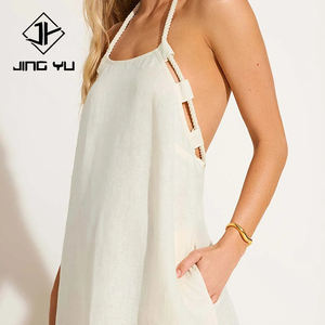 Robe dos nu en coton de couleur avoine sur mesure OEM, avec bordure en corde, = robe décontractée à bretelles en lin 100% de haute qualité - Product Image 5