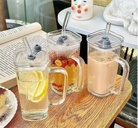 Verre à eau en verre avec poignée, aspect haut de gamme, pour femme, boisson estivale, jus, mug à lait portable avec couvercle et paille