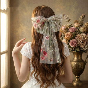 LUOXIN Accessorio <span class=keywords><strong>per</strong></span> <span class=keywords><strong>capelli</strong></span> di lusso <span class=keywords><strong>con</strong></span> fiocco grande, stile fatato e bosco, in pizzo ricamato fresco, <span class=keywords><strong>con</strong></span> pettine e velo corto - Product Image 2