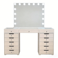 Table de maquillage en bois avec plateau en verre blanc, miroir LED Hollywood, tiroirs de rangement pour chambre à coucher et boutique de mariée