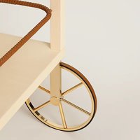 Chariot de bar en bois de luxe avec panier en rotin tressé, poignée en cuir et plateau en acier inoxydable, chariot mobile pour la maison