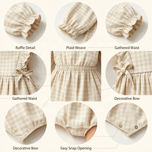 Jupe bébé fille personnalisée, nouvelle collection été, motif à carreaux abricot clair, manches volantées à volants - Product Image 4
