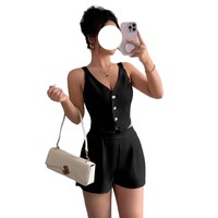 Ensemble deux pièces décontracté pour femme : gilet sans manches col en V haut de gamme et short taille haute uni en polyester/coton pour l'été