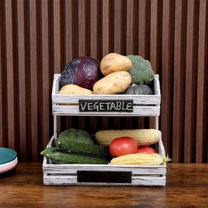 Fruit and <b>vegetable</b> storage <b>basket</b>, kitchen countertop storage <b>basket</b>, <b>vegetable</b> rack, double-layer vertical wooden <b>vegetable</b> - Product Image 2