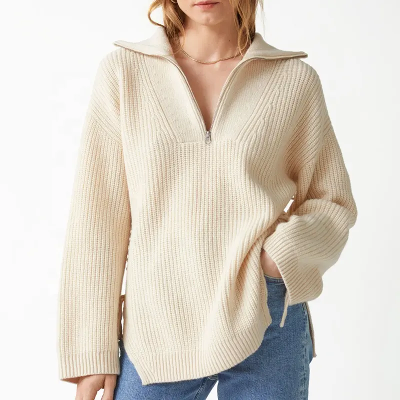 knitwear Factory custom zipper stand collar long sleeves women knit pullover sweater