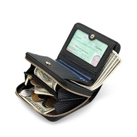 Portefeuille pour femme en cuir véritable, élégant, couleur unie, en cuir de vachette pleine fleur, avec fermeture éclair, porte-monnaie et porte-cartes anti-RFID