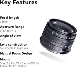 Objectif fixe à mise au point manuelle 7artisans 35 mm F1.4 Mark II APS-C à grande ouverture pour appareils photo hybrides Sony E-mount A6500 A6300 <span class=keywords><strong>A6100</strong></span> - Product Image 3