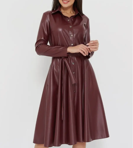 Elegante abito da donna in pelle <span class=keywords><strong>bordeaux</strong></span> abito Midi con cintura a manica lunga con bottone frontale per feste e Casual - Product Image 1