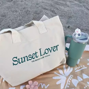 Bolso de lona reutilizable de gran tamaño para amantes del atardecer, estampado de dibujos animados, Asa ancha para compras semanales, uso diario en la playa, Weekender - Product Image 2