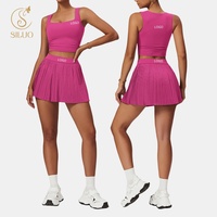 Pakaian Olahraga Wanita Bahan Bernapas Elastis 4 Arah Cepat Kering Set Gaun Tenis Golf Kerah Kotak Atasan Bra Berlipit Saku Sport