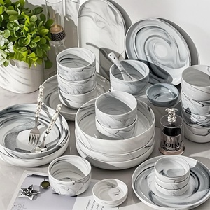Service <span class=keywords><strong>de</strong></span> table en céramique à motif marbre nordique, assiettes et bols en <span class=keywords><strong>porcelaine</strong></span> sous glaçure, résistant aux rayures, pour hôtels et restaurants - Product Image 3