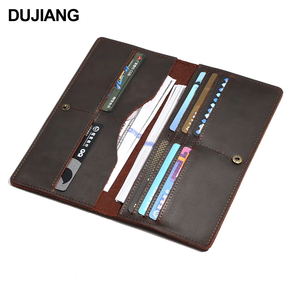 Dompet Travel mewah pria pola Logo kustom klip uang RFID panjang ramping pemegang kartu kulit asli