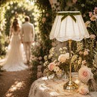 Lampe de table sans fil personnalisée OEM, abat-jour en rotin festonné fait main, base en métal laiton, rechargeable, idéale pour les mariages et banquets