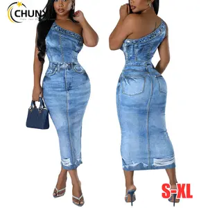Women's Summer Sexy Backless One Shoulder Sleeveless Bodycon Hip Package Long Maxi Denim Printed Dress