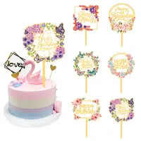 Ychonお誕生日おめでとうケーキデコレーション用品パーティーカップケーキトッパープリントインサートカードアクリルインサート旗ケーキトッパー