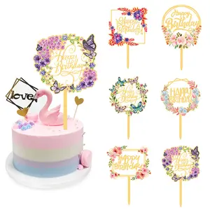 Ychon mutlu doğum günü pastası dekorasyon malzemeleri parti Cupcake Toppers baskılı kart akrilik insert bayrak kek Topper