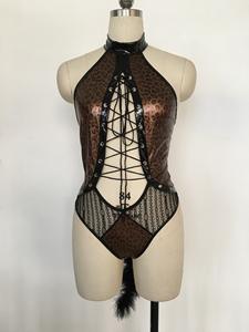 IHOOV <span class=keywords><strong>Cat</strong></span> Girls <span class=keywords><strong>Sexy</strong></span> Leather Hollow Out body Leopard Print Nightwear Erotic One Piece Teddy Lingerie - Product Image 3