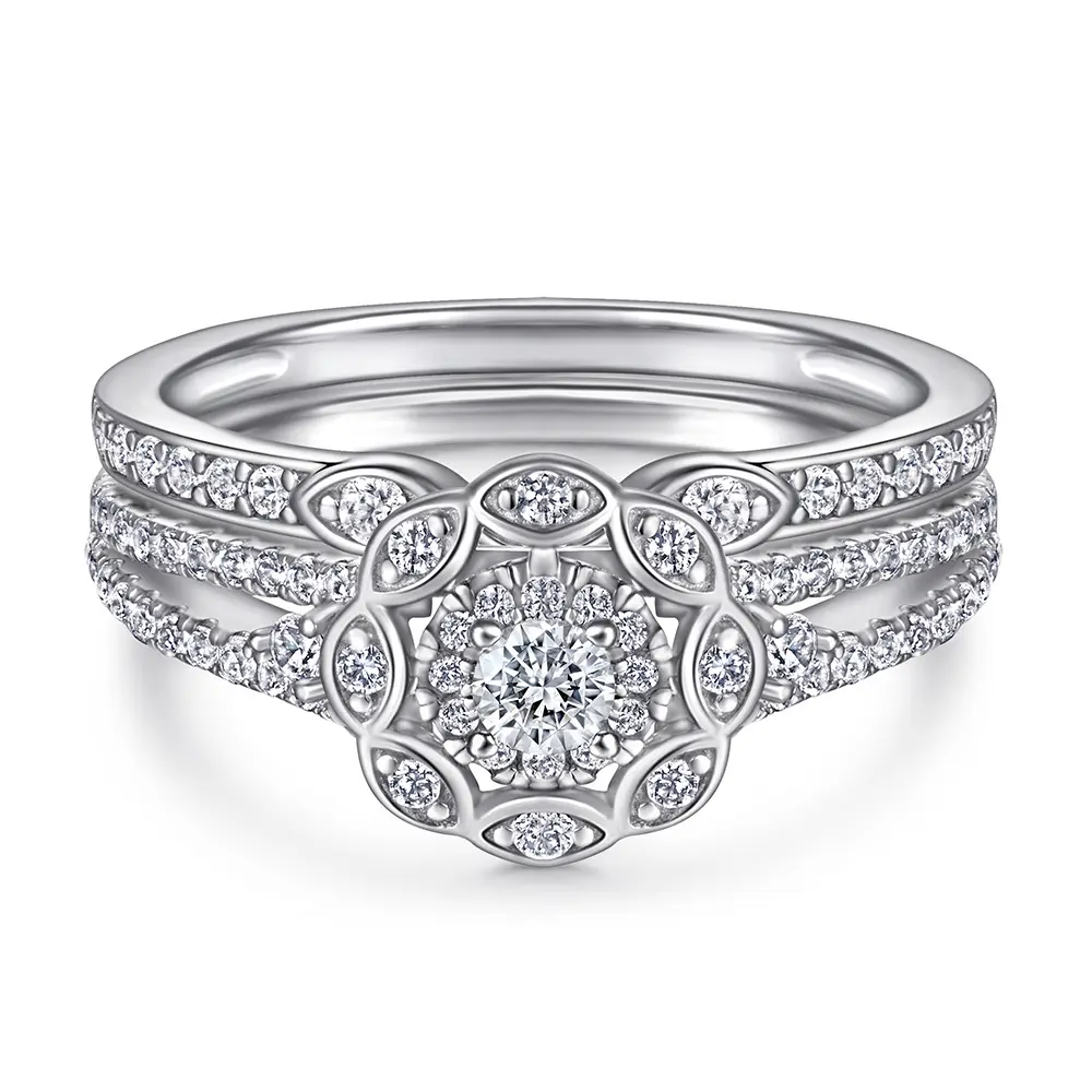 Weddings Jewelry Classic Style Simple Diamond Engagement Flower Design Women Ring Set