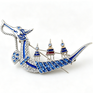 Pin Metálico de Barco Dragón, Plateado, Esmalte Duro, Cristal Azul, Tema Animal, Coleccionable, Forma Irregular - Product Image 2