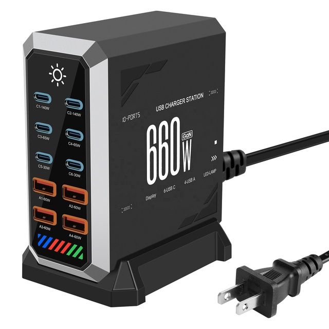 Universal Multi Port GaN Fast Charging Station 660w 6TYPE-C 4USB Desktop Charger Intelligent Charge protection for Smart Device