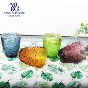 10oz Wholesale Vintage Solid Colored Glassware Embossed Coconut Tree Glass Tumbler Food Grade Tinted Water Drinking Glass Cup