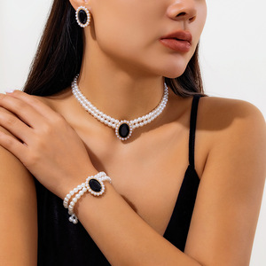 Baroque Diamond <strong>Necklace</strong> Earrings Jewelry CZ Crystal <strong>Beaded</strong> Faux Pearl Choker <strong>Necklace</strong> Earrings - Product Image 6