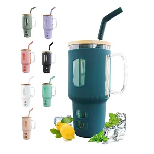 JM üretici 2023 yeni kolu büyük bira kupaları araba temizle cam kahve kupa çay bardağı 32Oz renkli cam pipetli bardak