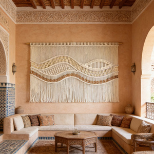 งานถักมือลายคลื่นแนวนอนสไตล์โบโฮสุดหรูสำหรับตกแต่งผนัง เหมาะสำหรับสตูดิโอดีไซน์ภายในและแบรนด์โรงแรม - Product Image 4