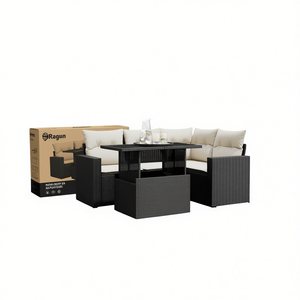 Ensemble de canapés de jardin Ragun 4 places en rotin, mobilier d'extérieur au design contemporain, structure noire, coussins crème - Product Image 1