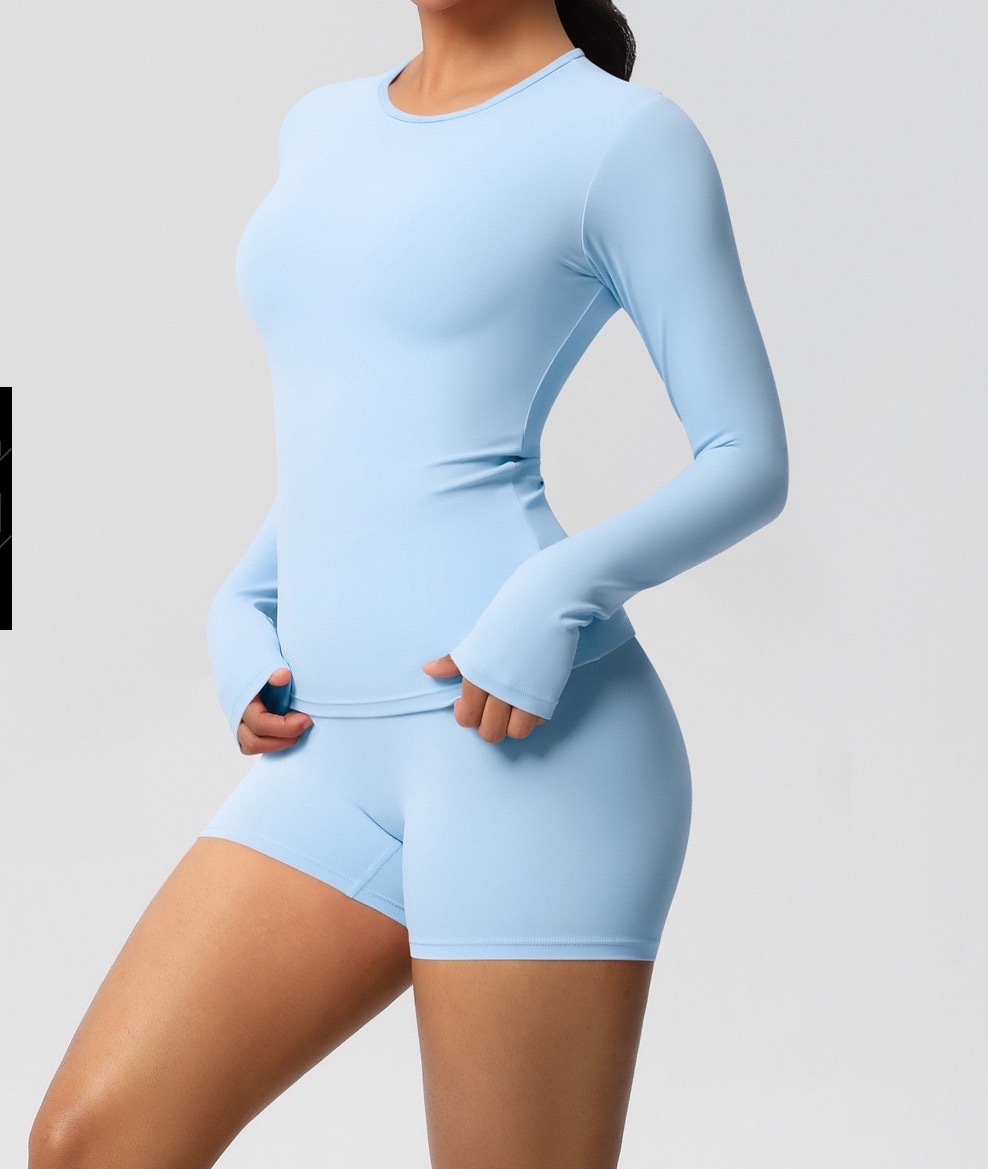 A32 New European American Two-Piece Female Yoga Suit Solid Color Skin-Friendly Sanding Tight Long Sports Running Fitness Gear