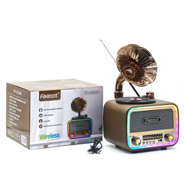 Retro Wireless BT Radio with Phonograph Shape, FM/AM/SW, USB TF, 18650 Battery, Color RGB Light