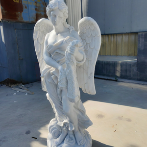 Statue d'ange grandeur nature sculptée à la main en marbre <span class=keywords><strong>blanc</strong></span>, tenant un panier tressé, sculpture d'ange ailé en pierre naturelle pour manoir - Product Image 2
