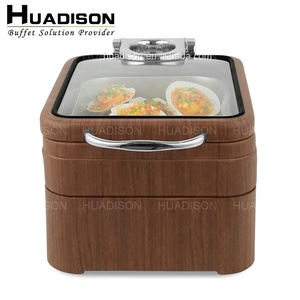 Huadison <span class=keywords><strong>restaurante</strong></span> suministros Sapele madera mini rectángulo buffet calentador de alimentos <span class=keywords><strong>cuatro</strong></span> litros platos de frotamiento con tapa de vidrio - Product Image 5