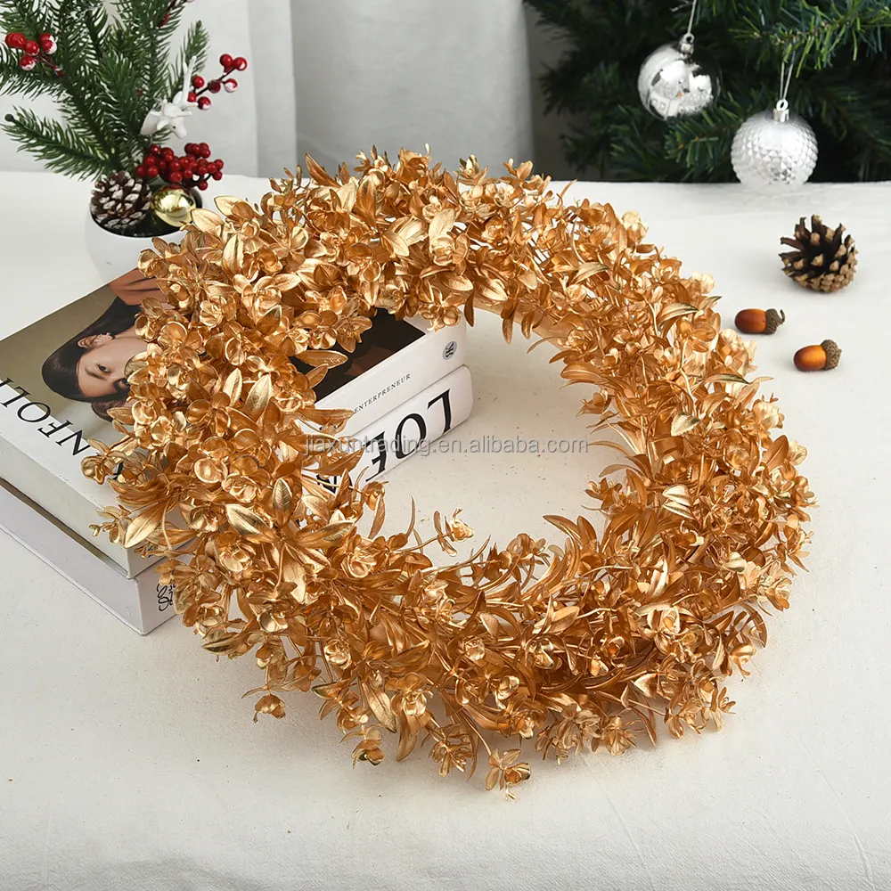 Custom artificial garlands. Plastic garland ornaments for holiday parties. Golden bionic foliage wedding decorations.