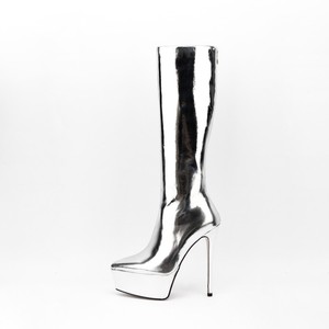 Banquet Botas vendita calda Lady tacchi alti <span class=keywords><strong>stivali</strong></span> metallici <span class=keywords><strong>donna</strong></span> suola spessa cerniera posteriore punta a punta piattaforma tacchi <span class=keywords><strong>stivali</strong></span> a metà polpaccio - Product Image 1