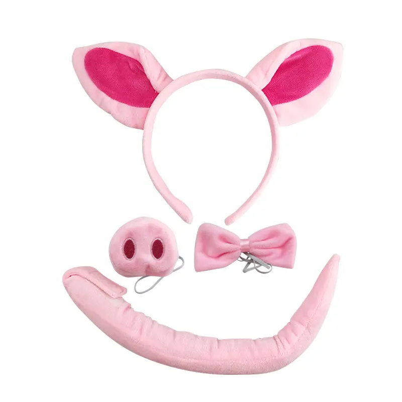 3 buah Set Aksesori kostum babi ikat kepala telinga babi merah muda berbulu, dasi kupu-kupu, Kit aksesori ekor dan moncong untuk kostum Anak