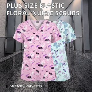 New Elastic Printed Polyester <b>Scrub</b> <b>Tops</b> Unisex Spa Bathing Work Nurse Uniform European/American Plus Size V-Neck Cartoon Shirts - Product Image 2