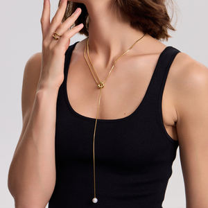 CLIORO largo ajustable corazón perla colgante de acero inoxidable joyería de moda en forma de Y suéter cadena collares para mujeres - Product Image 1