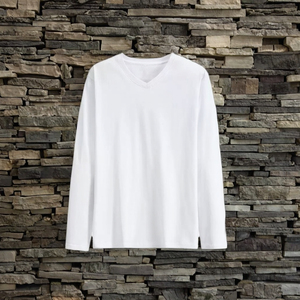 T-shirt décontracté unisexe pour homme, col en V, manches longues, 180 GSM, 100 % coton biologique, couleur unie, tricoté, teint uni - Product Image 2