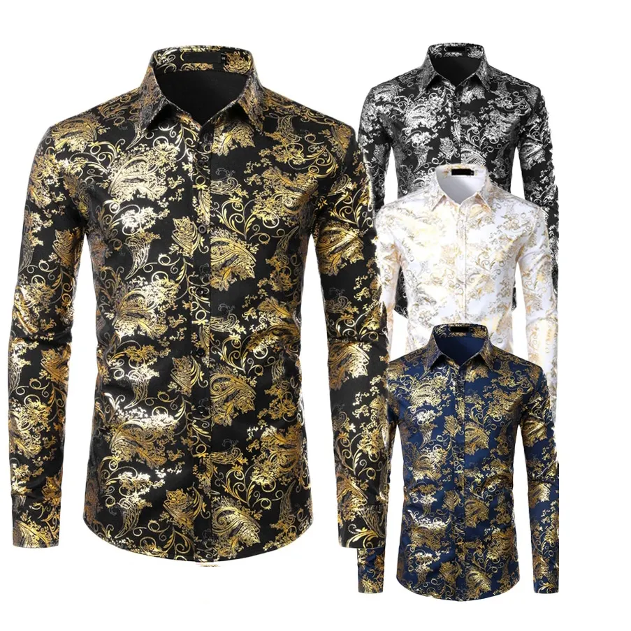 Custom Print Polyester Mens Volledige Gouden Folie Gedrukt Slim Fit Shirt Lange Mouw Knop Shirts