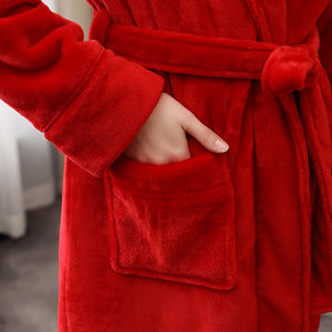 Albornoz de lana de franela roja para parejas, bata térmica de <span class=keywords><strong>manga</strong></span> larga para amantes del invierno, Color sólido - Product Image 6