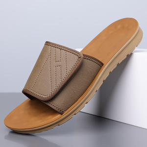 Pu <b>Slides</b> Open Toe Anti <b>Slip</b> Rubber Outsole Casual Men's Sandals Solid Color Embossed Logo - Product Image 1