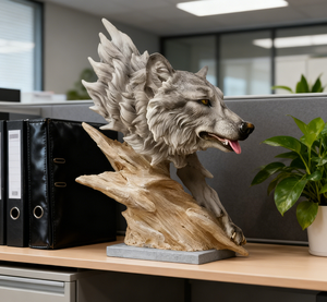 Sculpture en résine <span class=keywords><strong>de</strong></span> <span class=keywords><strong>tête</strong></span> <span class=keywords><strong>de</strong></span> <span class=keywords><strong>loup</strong></span> réaliste avec bouche ouverte et crinière fluide, finition pierre grise, statue d'animal, décoration <span class=keywords><strong>de</strong></span> jardin extérieur - Product Image 4