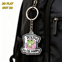 Porte-clés en acrylique I Deserve to Be Happy Frog, grenouille verte de dessin animé sur fauteuil rose, pendentif découpé en forme de nuage, anneau métallique