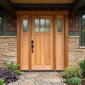 Porte d'entrée en bois massif de style artisanal américain, avec deux panneaux latéraux et un transom en verre pour laisser passer la lumière naturelle. - Product Image 5