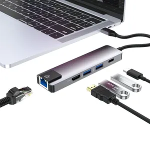 Konektor Ethernet Multi Tipe C 5 In 1, dengan Hub Usb 3.0 4K, Hub Tipe C Pengisian Rj45